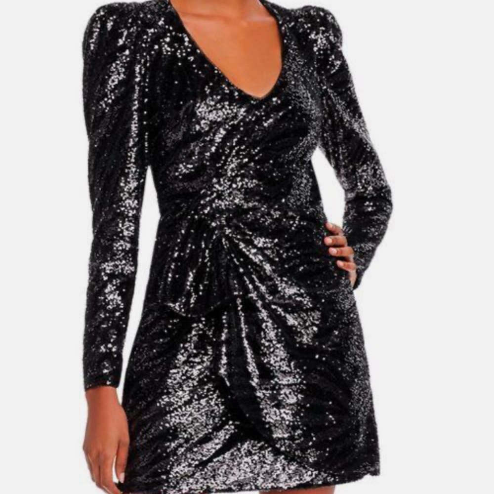 Parker Black Sequin Puff-Sleeve Zip-Up Dress lSize 0